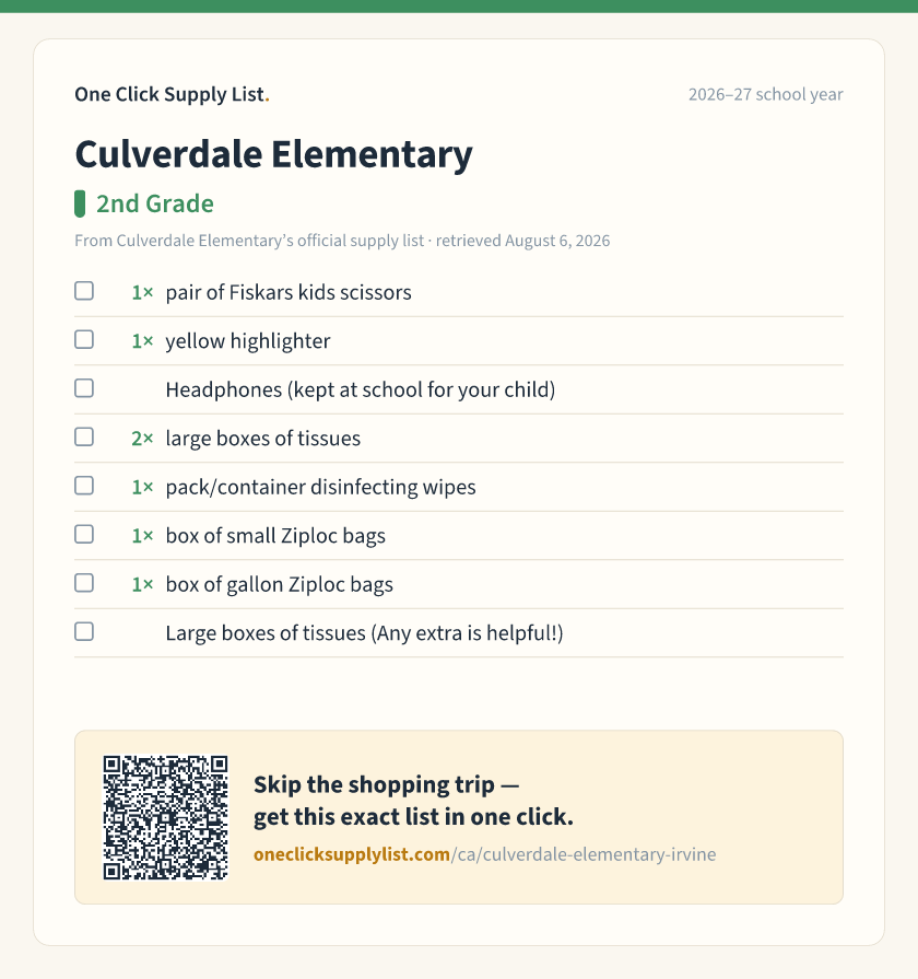 Culverdale Elementary 2nd Grade supply list — printable image