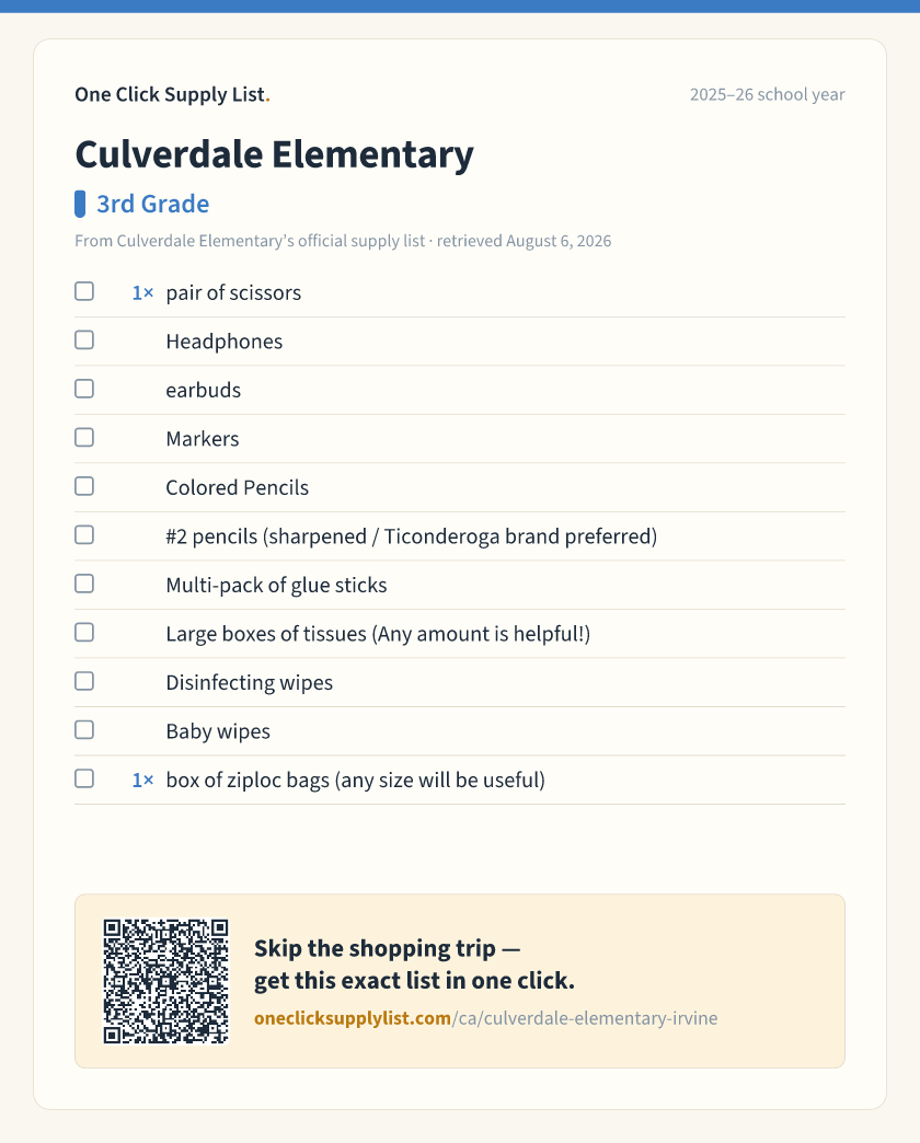 Culverdale Elementary 3rd Grade supply list — printable image