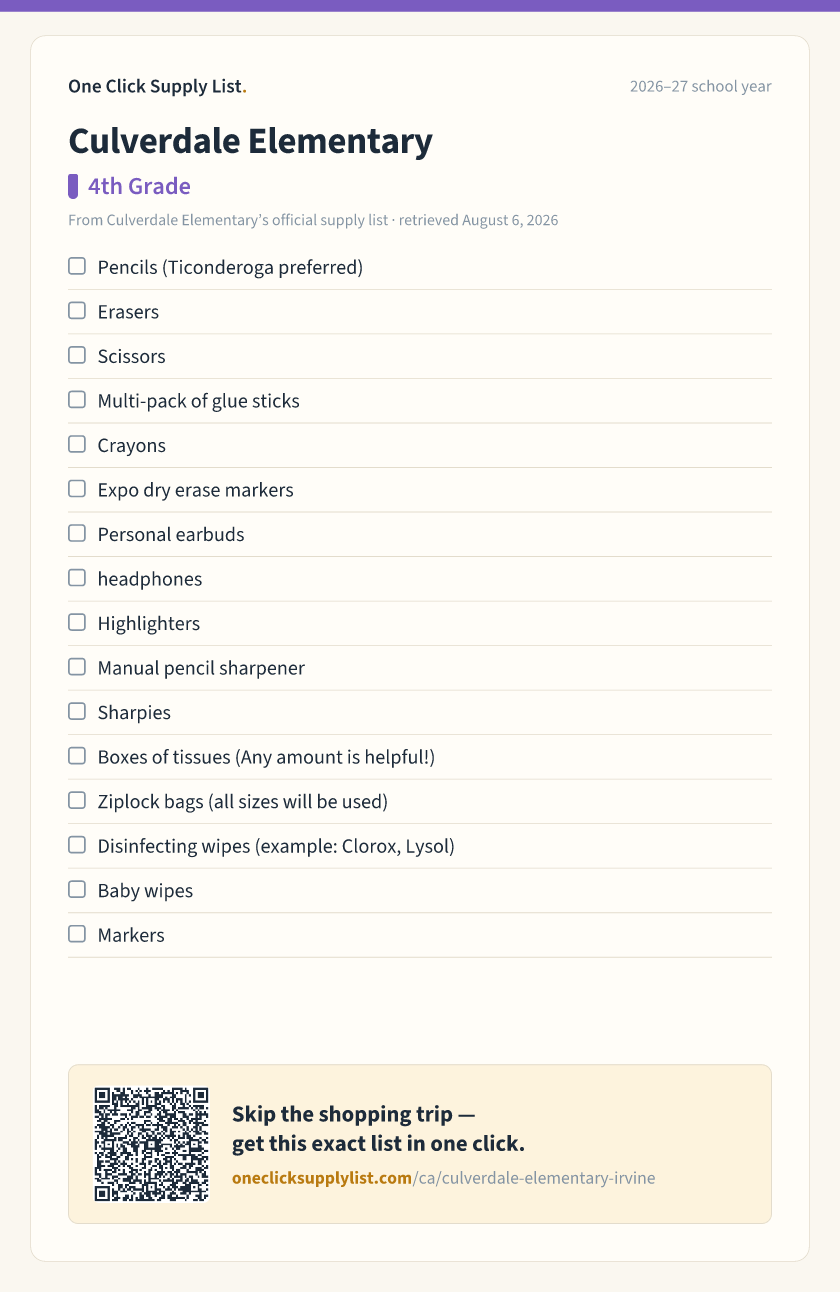 Culverdale Elementary 4th Grade supply list — printable image