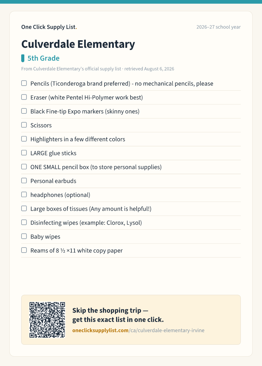 Culverdale Elementary 5th Grade supply list — printable image
