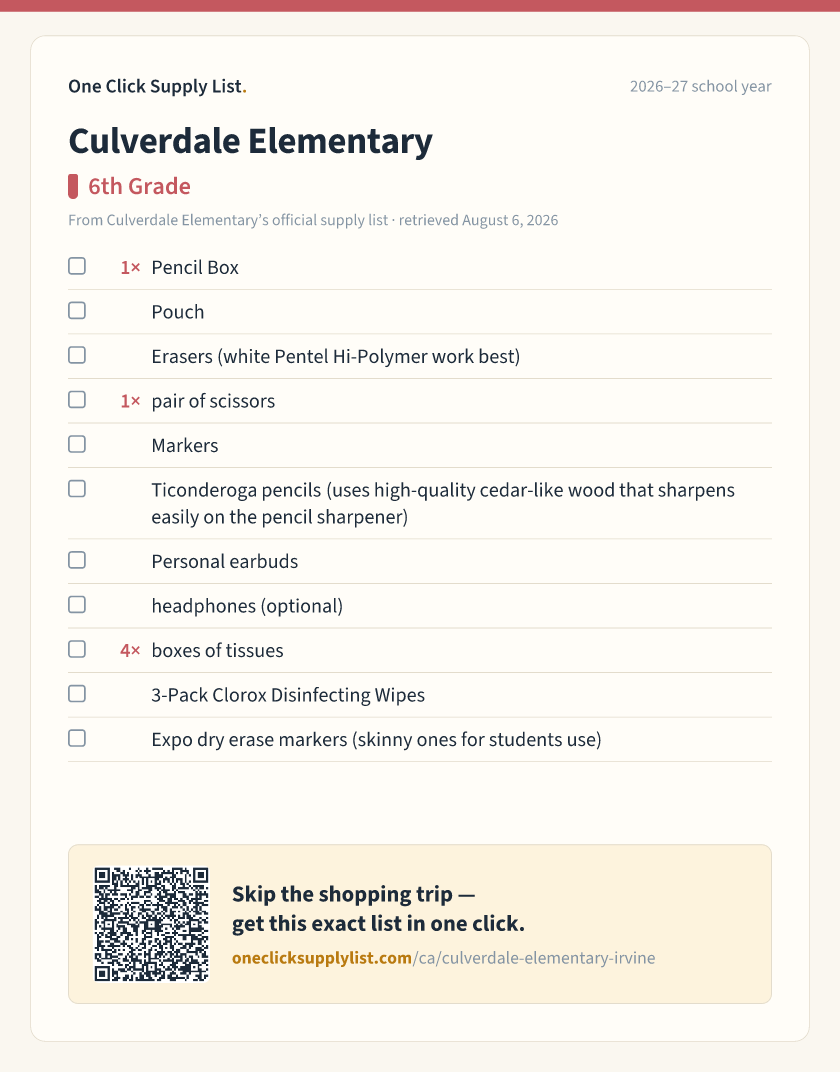 Culverdale Elementary 6th Grade supply list — printable image