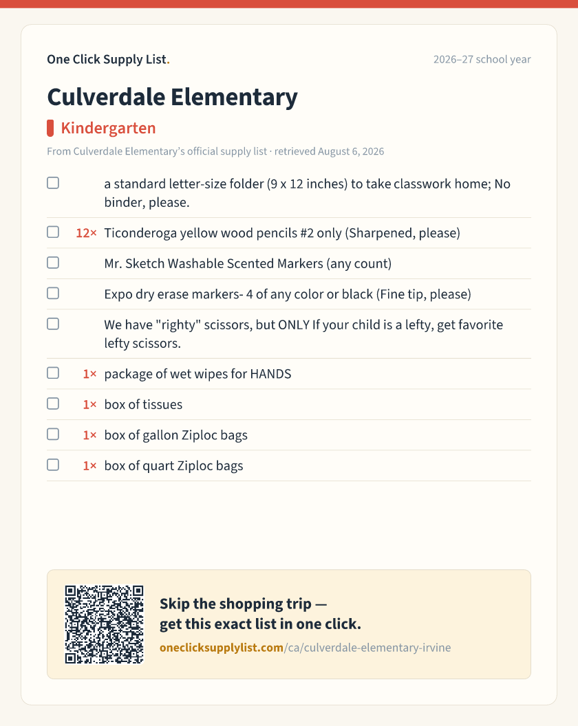 Culverdale Elementary Kindergarten supply list — printable image