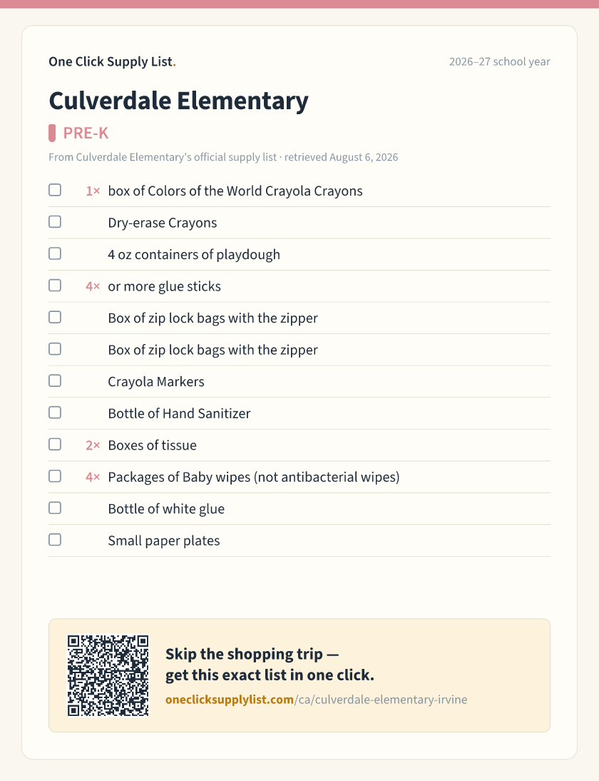 Culverdale Elementary PRE-K supply list — printable image