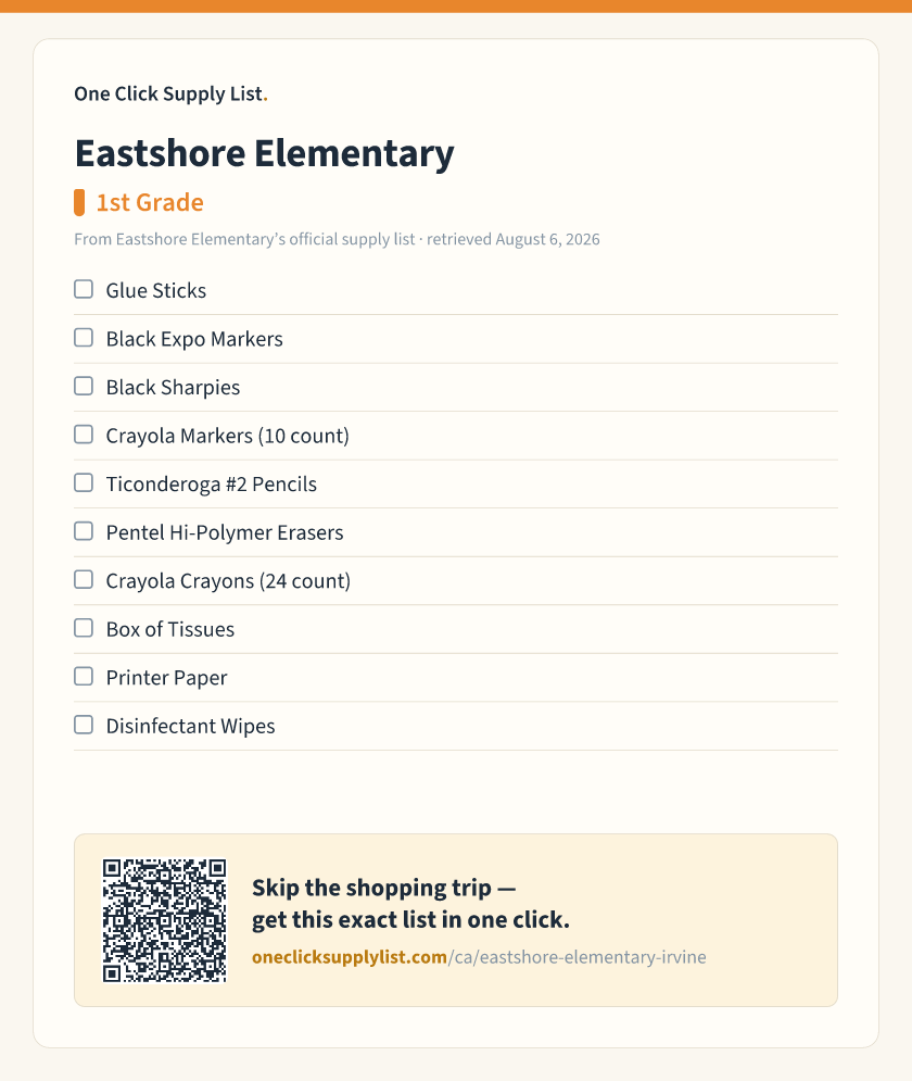 Eastshore Elementary 1st Grade supply list — printable image