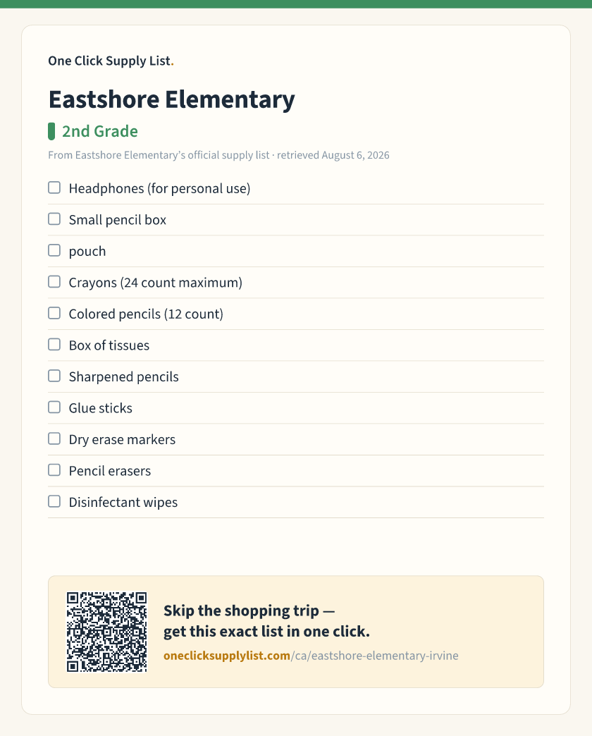 Eastshore Elementary 2nd Grade supply list — printable image