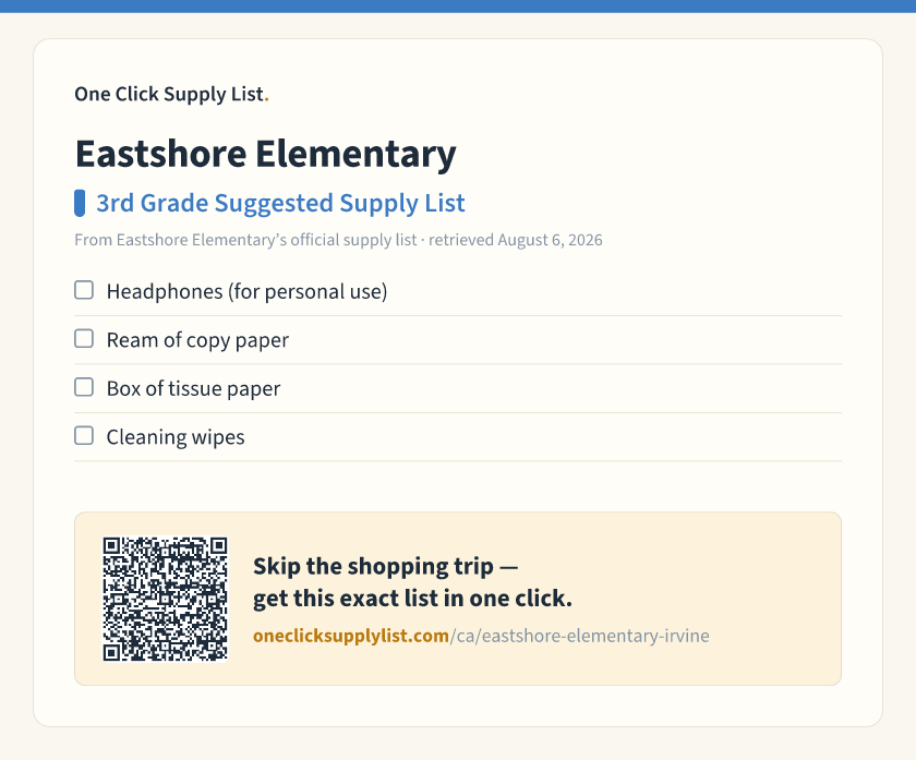 Eastshore Elementary 3rd Grade Suggested Supply List supply list — printable image
