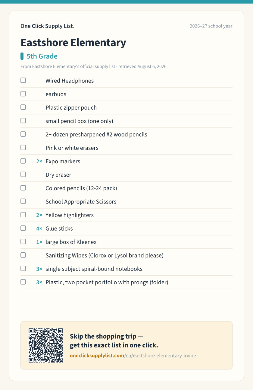 Eastshore Elementary 5th Grade supply list — printable image