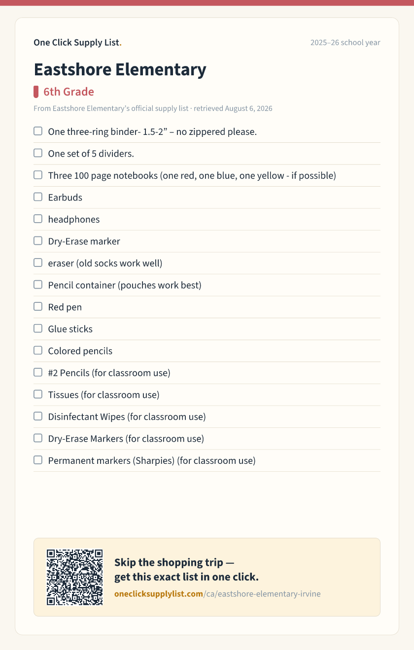 Eastshore Elementary 6th Grade supply list — printable image