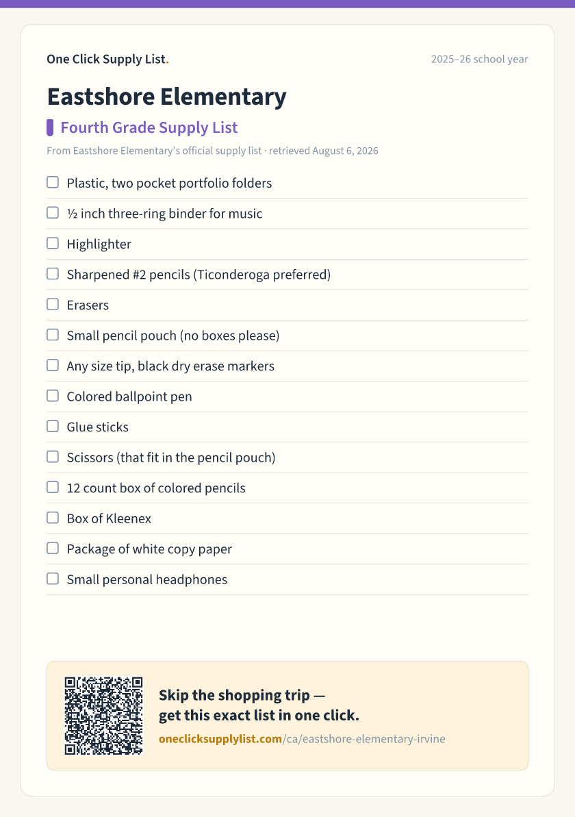 Eastshore Elementary Fourth Grade Supply List supply list — printable image