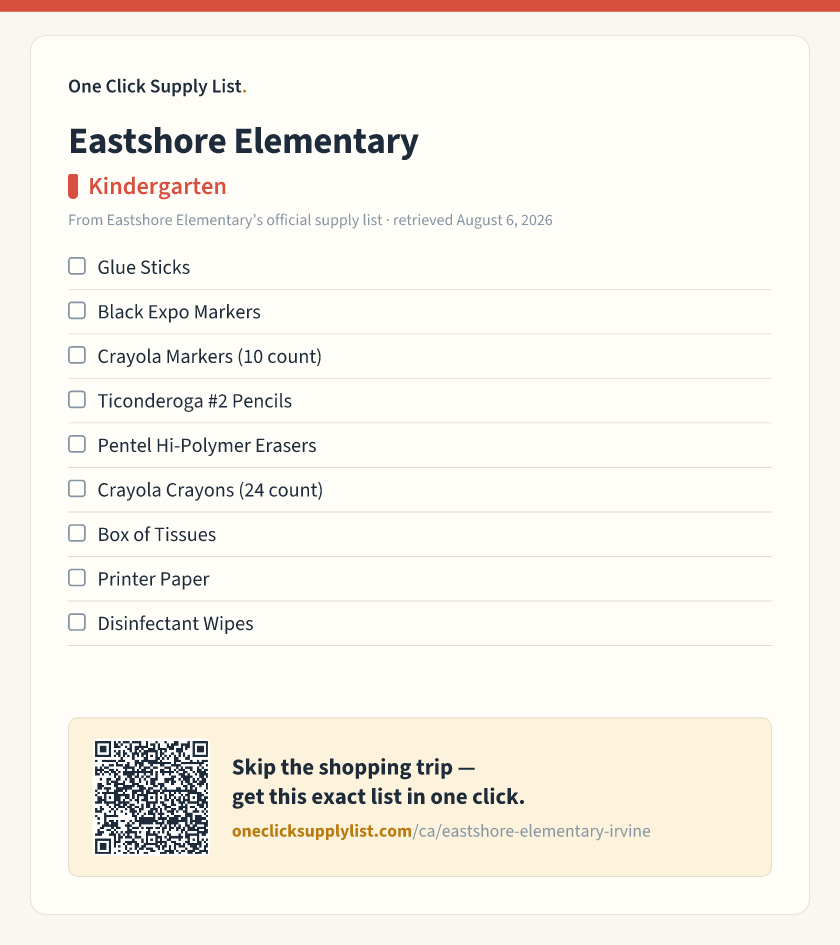 Eastshore Elementary Kindergarten supply list — printable image