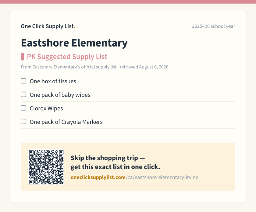Eastshore Elementary PK Suggested Supply List supply list — printable image