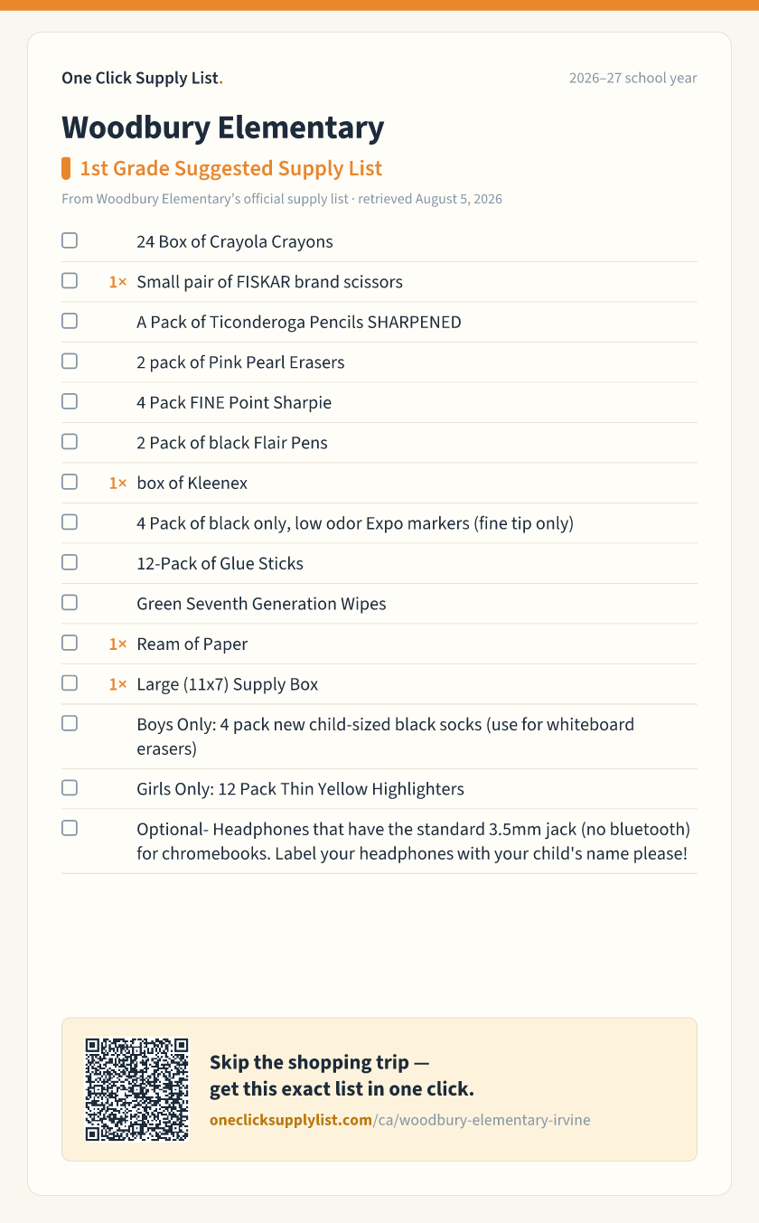 Woodbury Elementary 1st Grade Suggested Supply List supply list — printable image