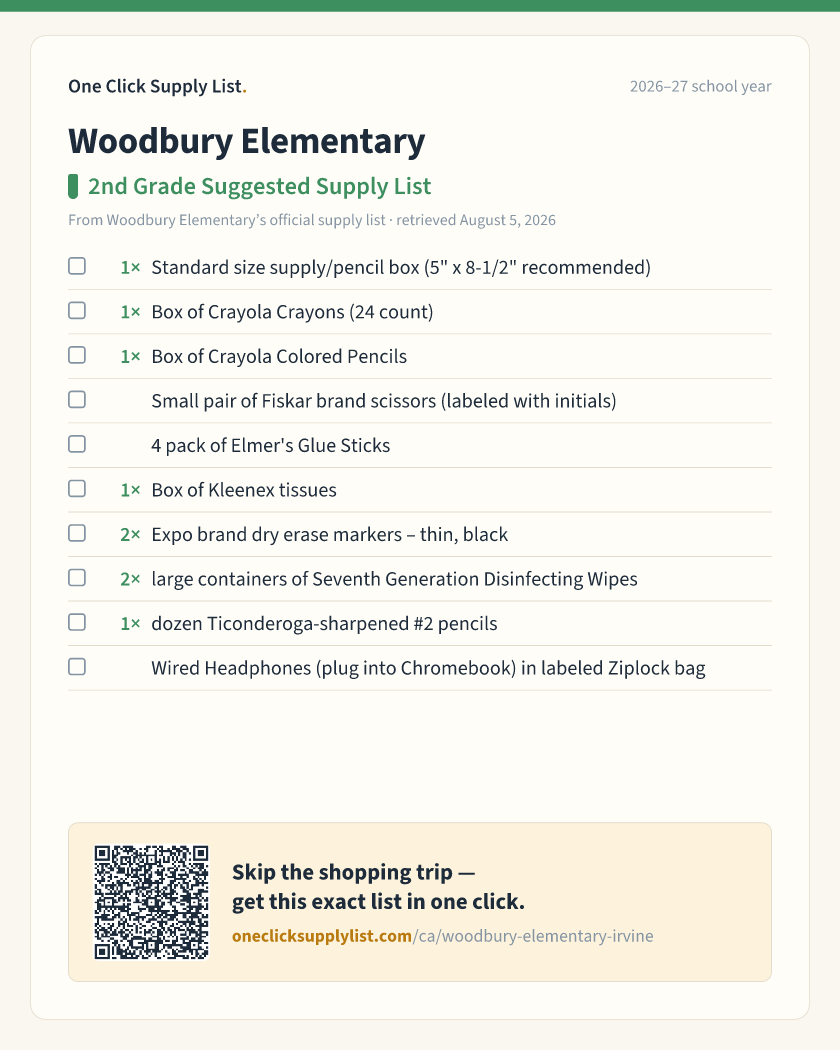 Woodbury Elementary 2nd Grade Suggested Supply List supply list — printable image