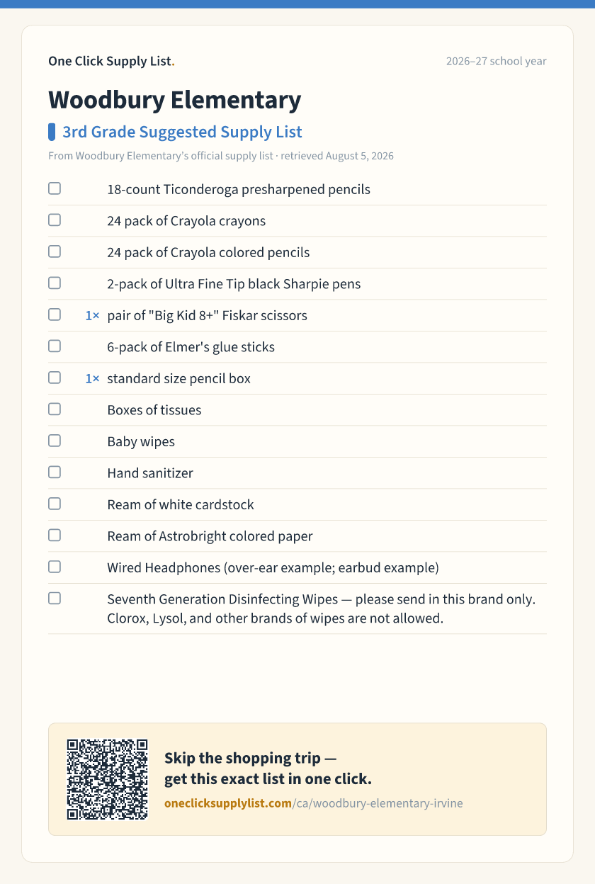 Woodbury Elementary 3rd Grade Suggested Supply List supply list — printable image