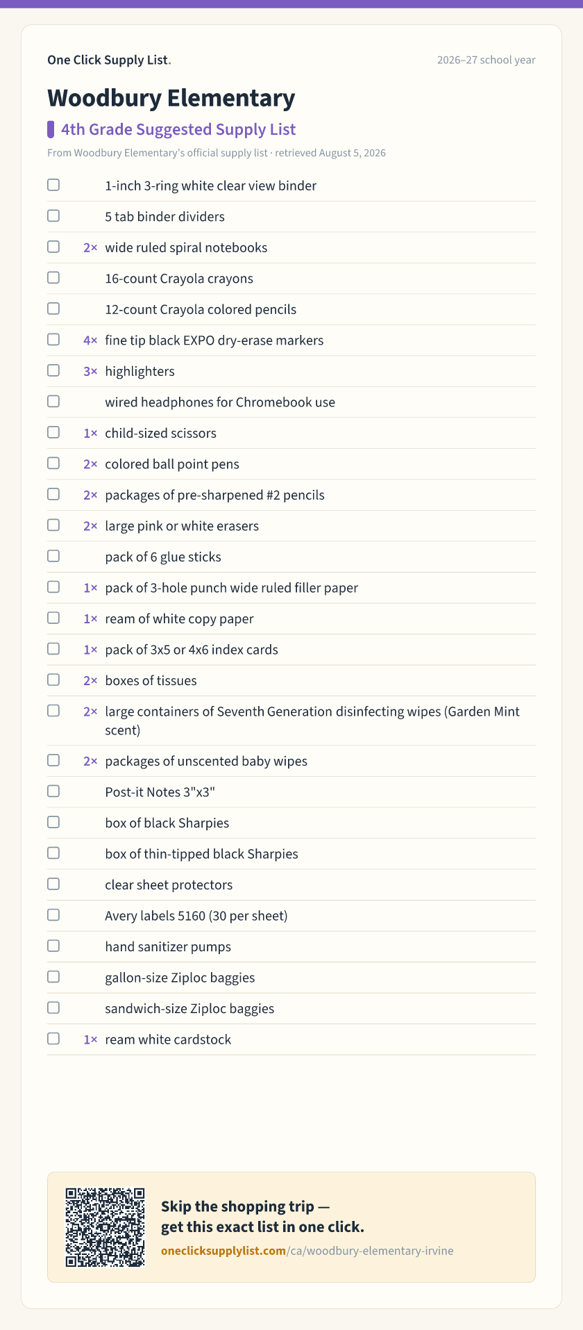 Woodbury Elementary 4th Grade Suggested Supply List supply list — printable image