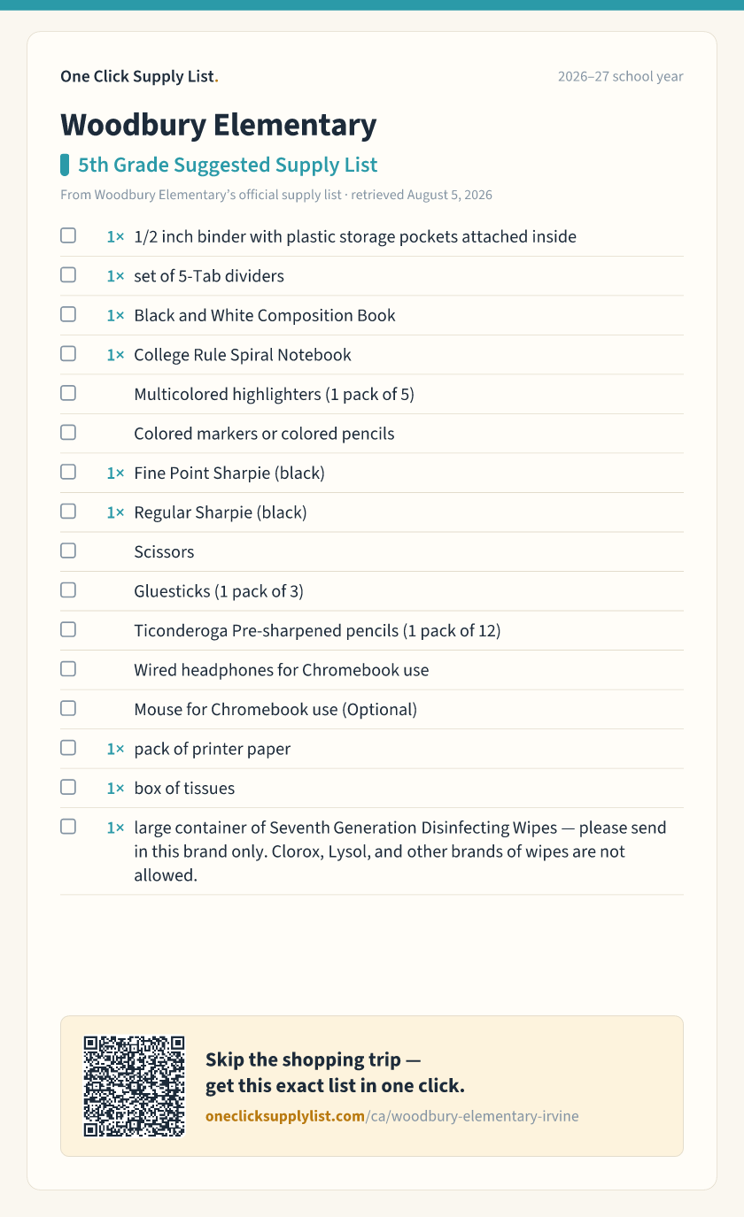 Woodbury Elementary 5th Grade Suggested Supply List supply list — printable image
