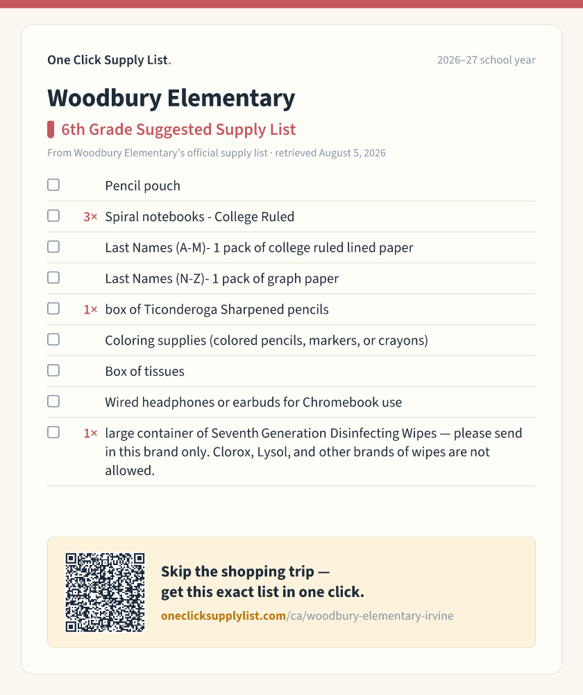 Woodbury Elementary 6th Grade Suggested Supply List supply list — printable image