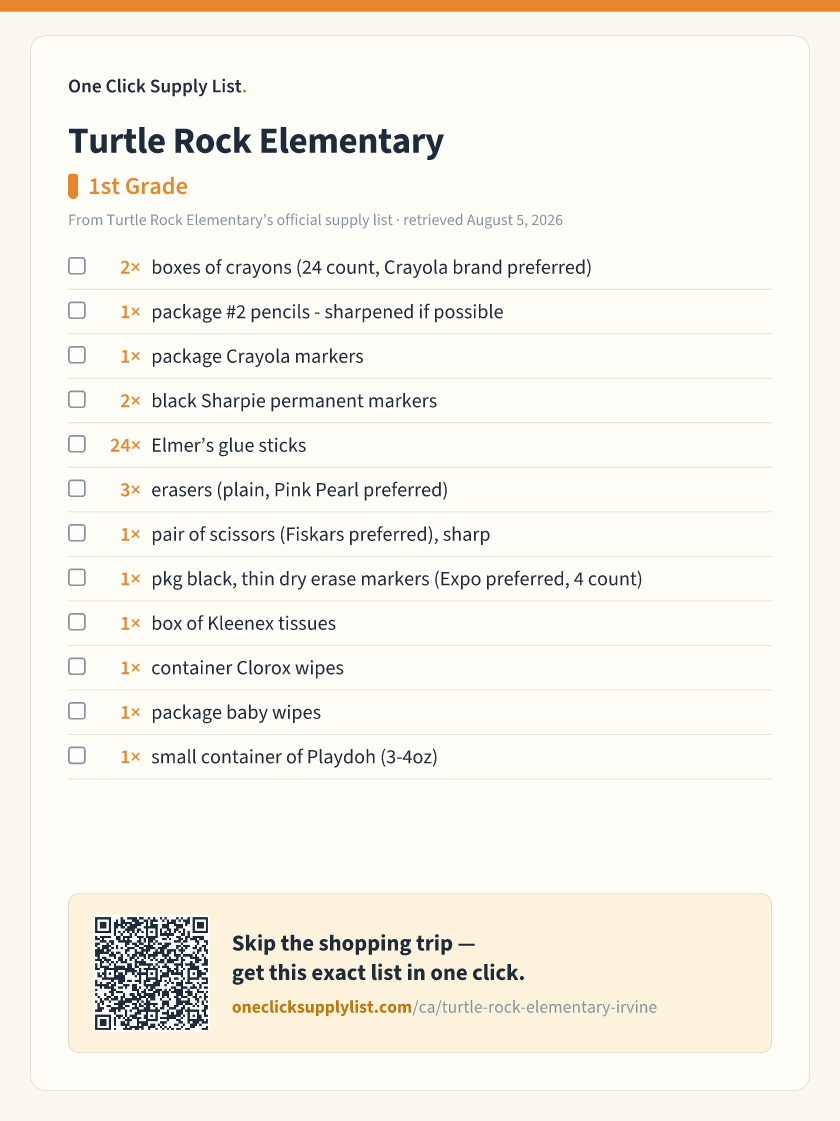 Turtle Rock Elementary 1st Grade supply list — printable image