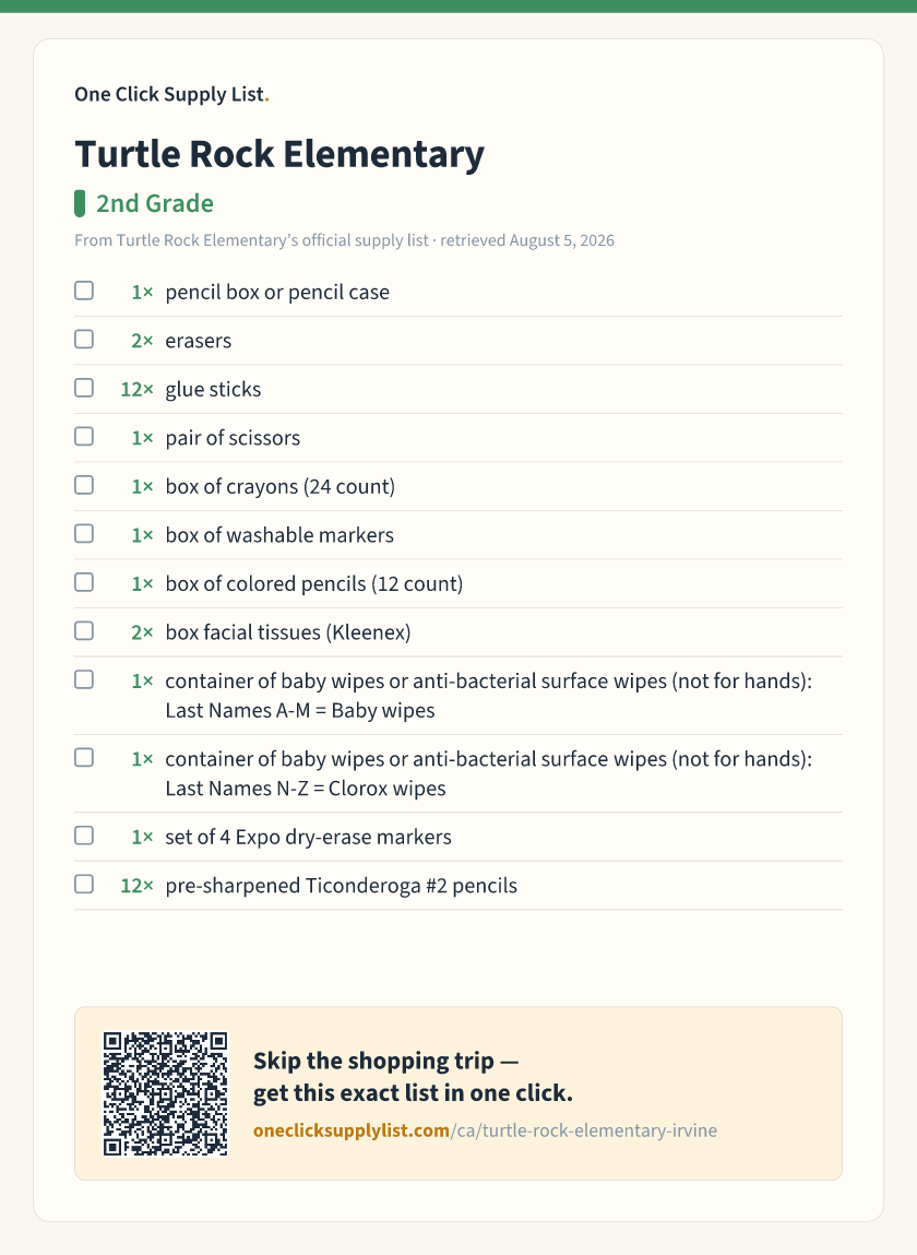 Turtle Rock Elementary 2nd Grade supply list — printable image