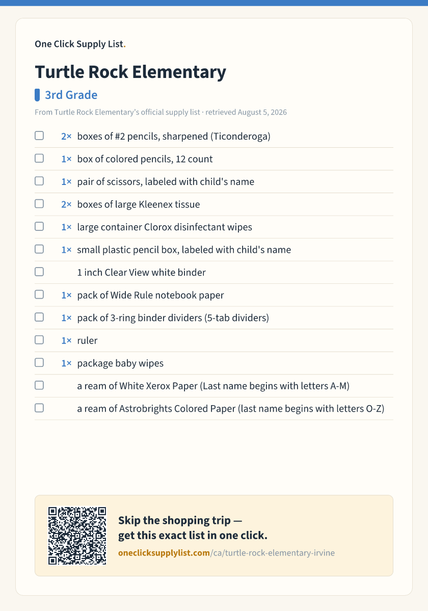 Turtle Rock Elementary 3rd Grade supply list — printable image