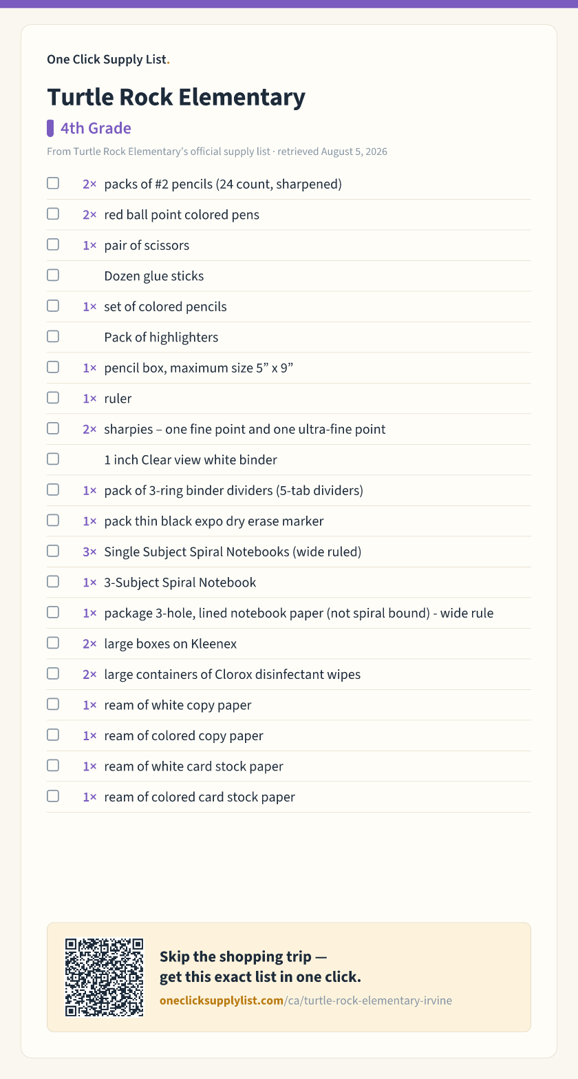 Turtle Rock Elementary 4th Grade supply list — printable image