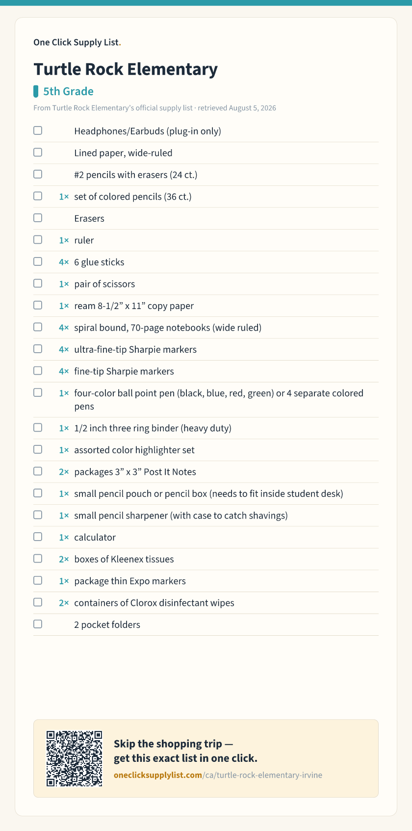 Turtle Rock Elementary 5th Grade supply list — printable image