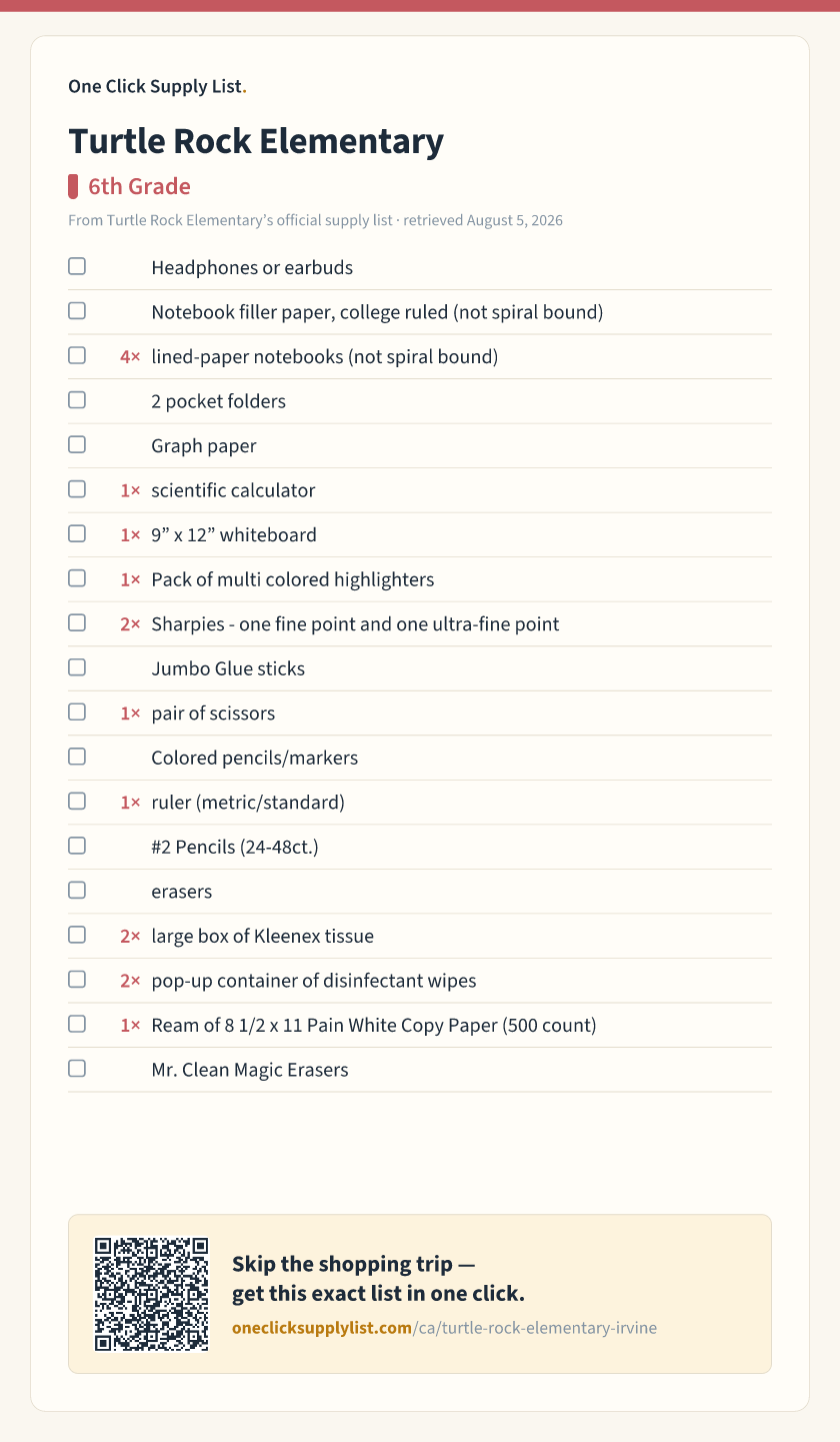 Turtle Rock Elementary 6th Grade supply list — printable image