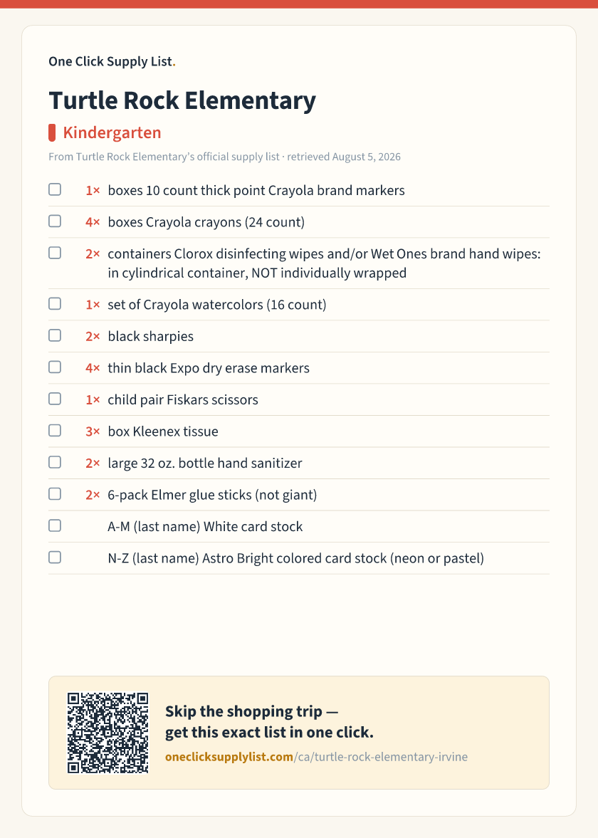 Turtle Rock Elementary Kindergarten supply list — printable image