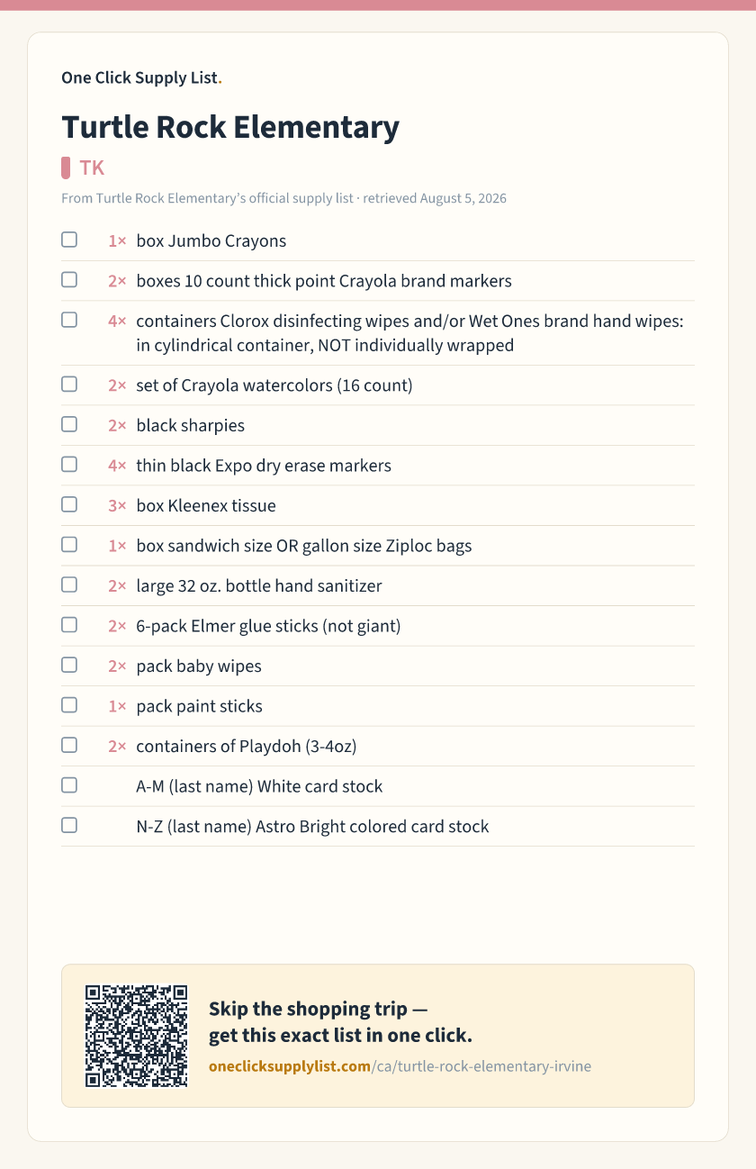 Turtle Rock Elementary TK supply list — printable image