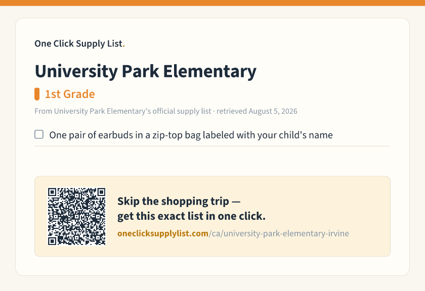 University Park Elementary 1st Grade supply list — printable image