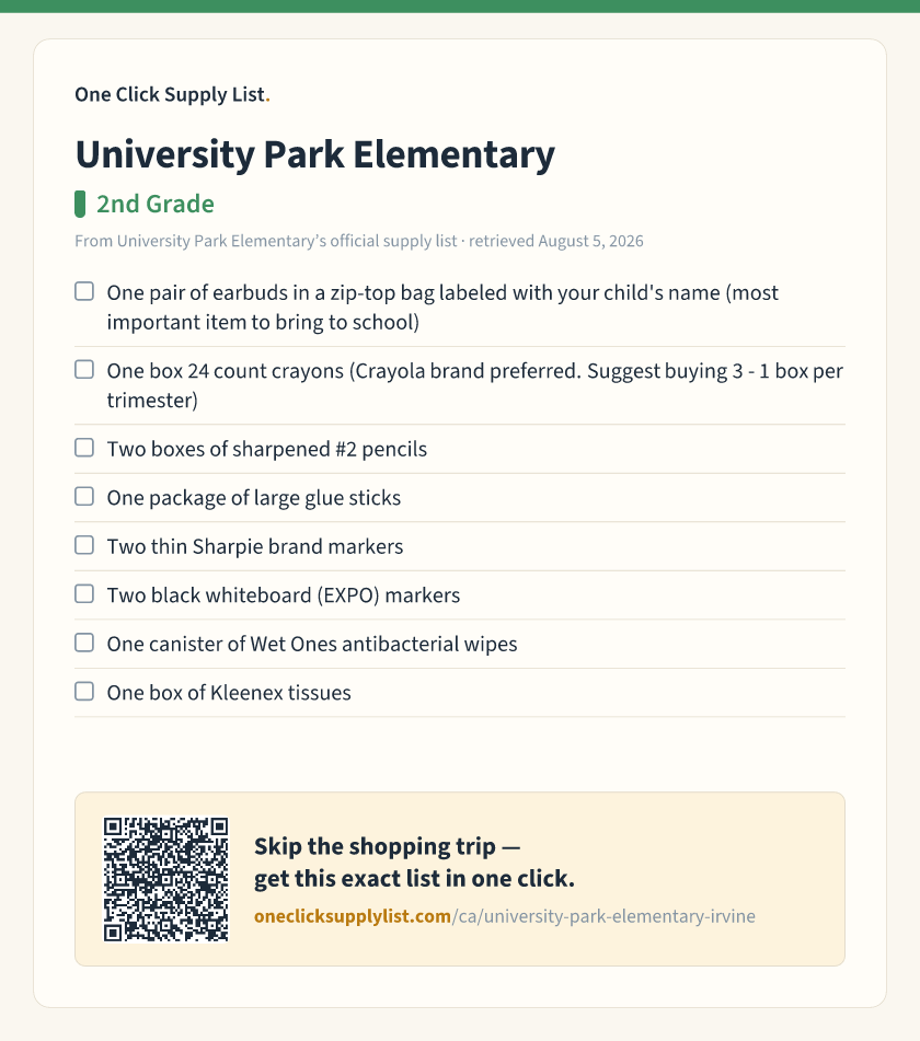 University Park Elementary 2nd Grade supply list — printable image