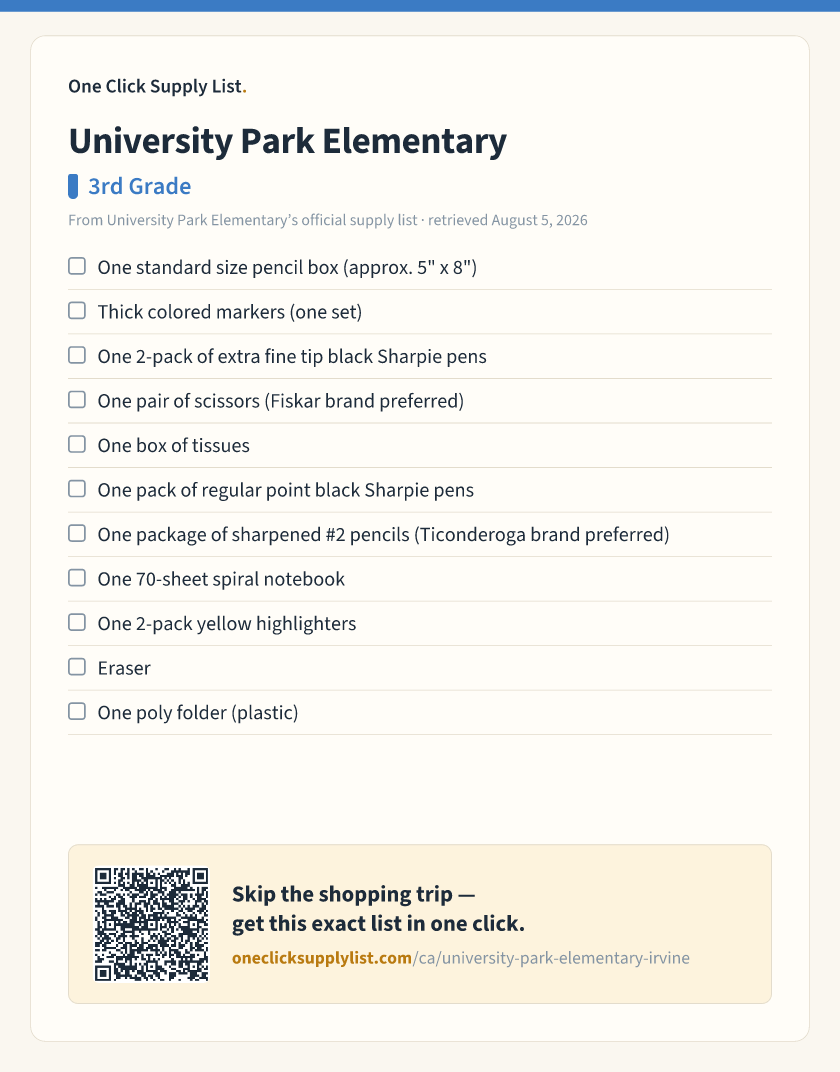 University Park Elementary 3rd Grade supply list — printable image