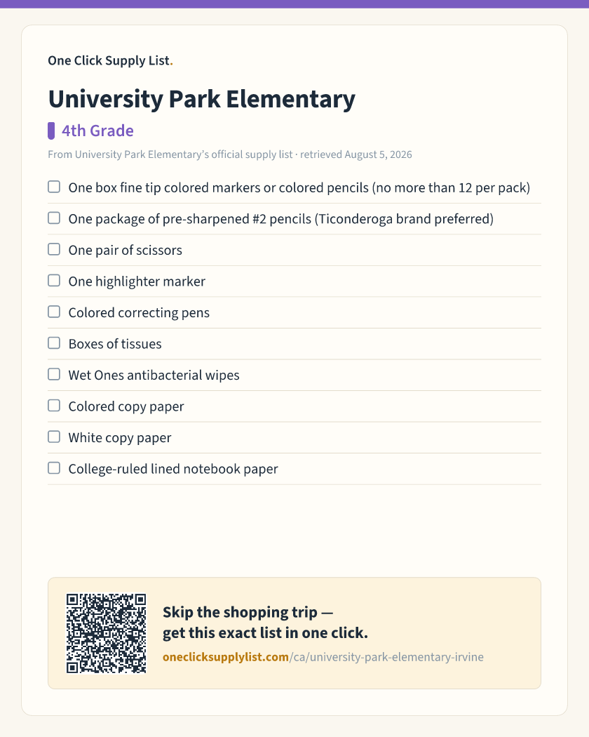 University Park Elementary 4th Grade supply list — printable image