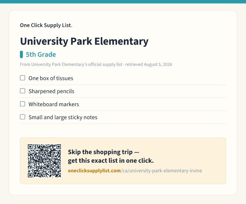 University Park Elementary 5th Grade supply list — printable image