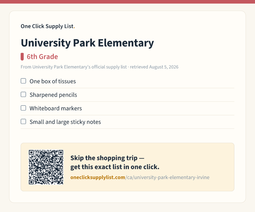 University Park Elementary 6th Grade supply list — printable image