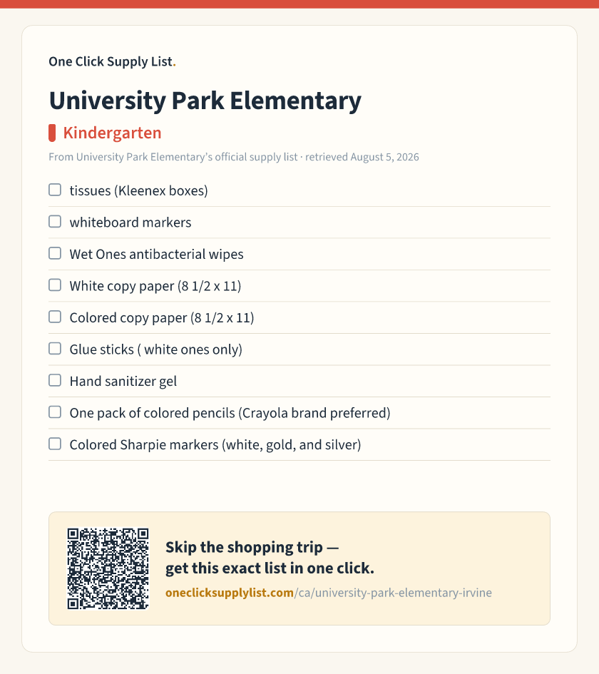 University Park Elementary Kindergarten supply list — printable image