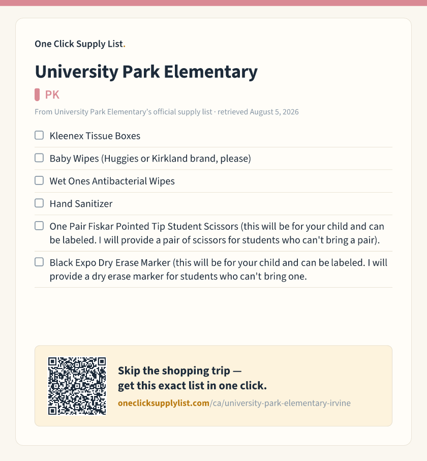 University Park Elementary PK supply list — printable image