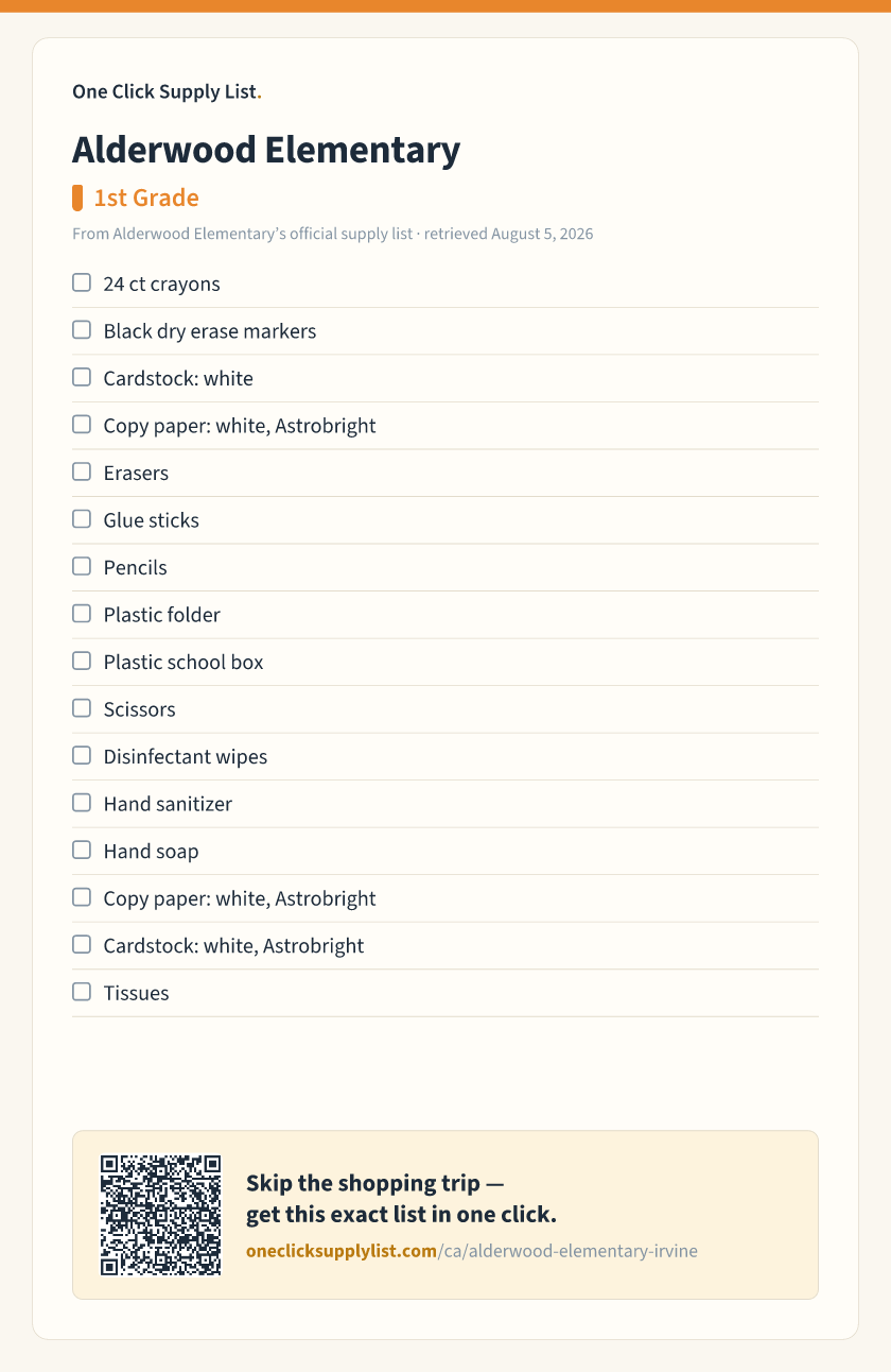 Alderwood Elementary 1st Grade supply list — printable image