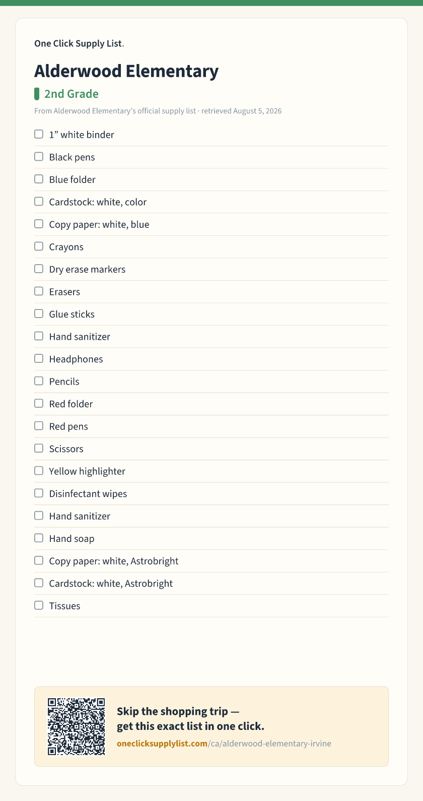 Alderwood Elementary 2nd Grade supply list — printable image