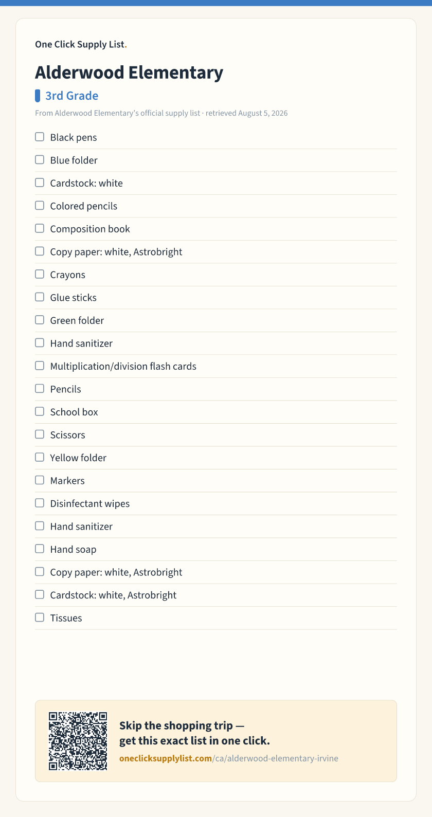 Alderwood Elementary 3rd Grade supply list — printable image