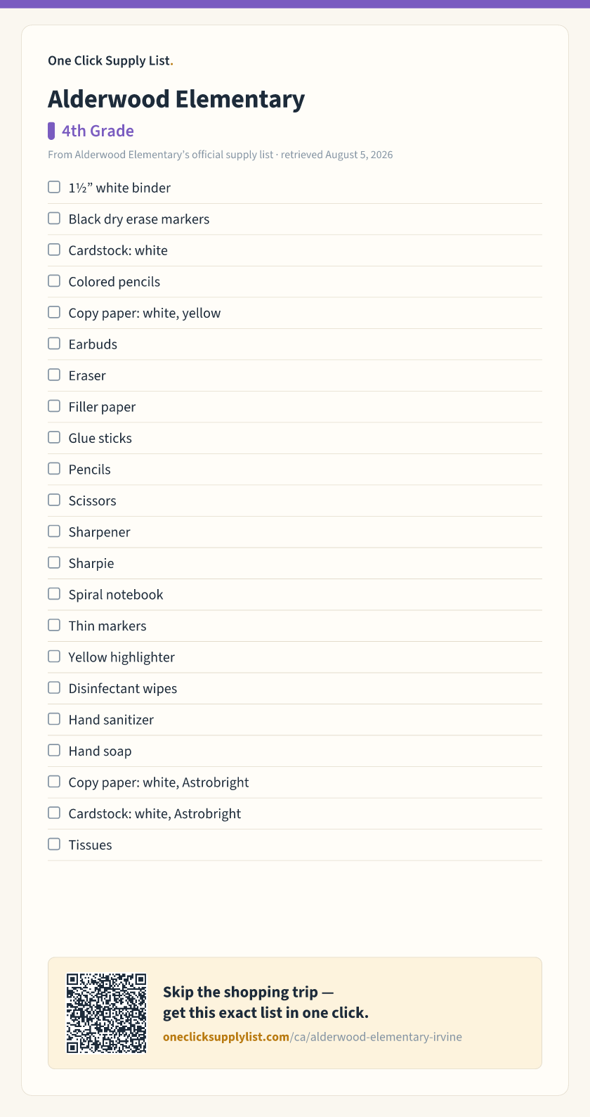 Alderwood Elementary 4th Grade supply list — printable image