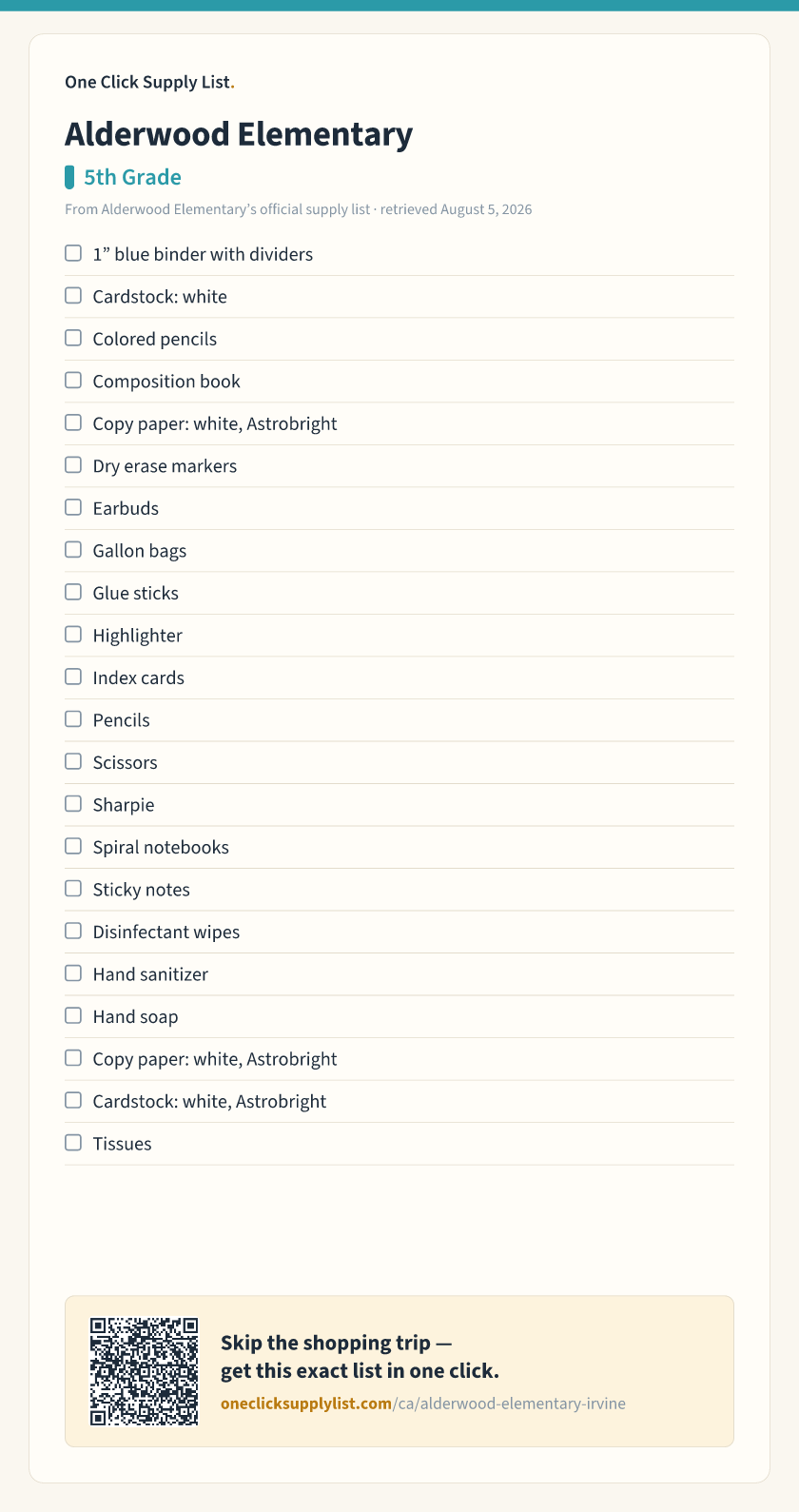 Alderwood Elementary 5th Grade supply list — printable image