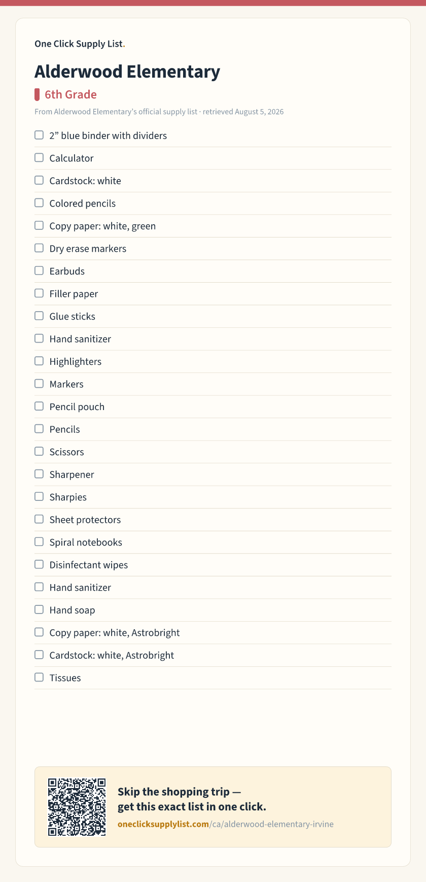 Alderwood Elementary 6th Grade supply list — printable image