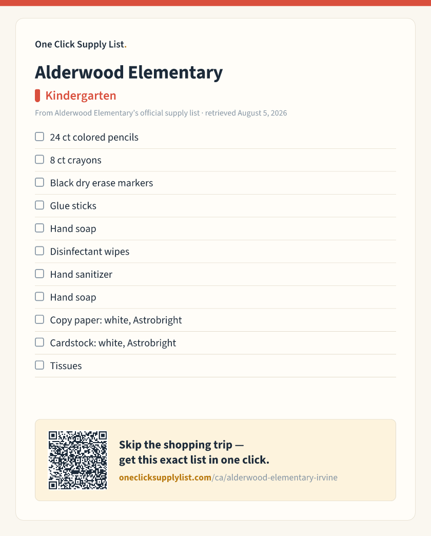 Alderwood Elementary Kindergarten supply list — printable image