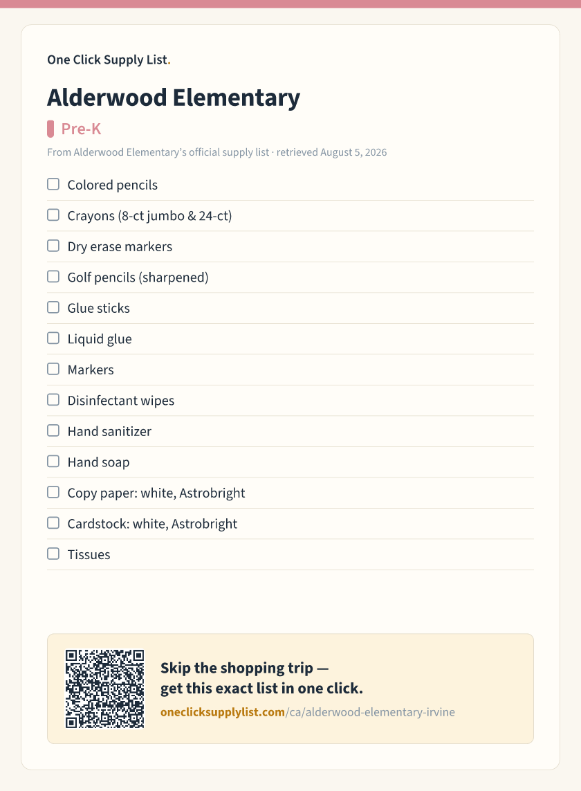 Alderwood Elementary Pre-K supply list — printable image