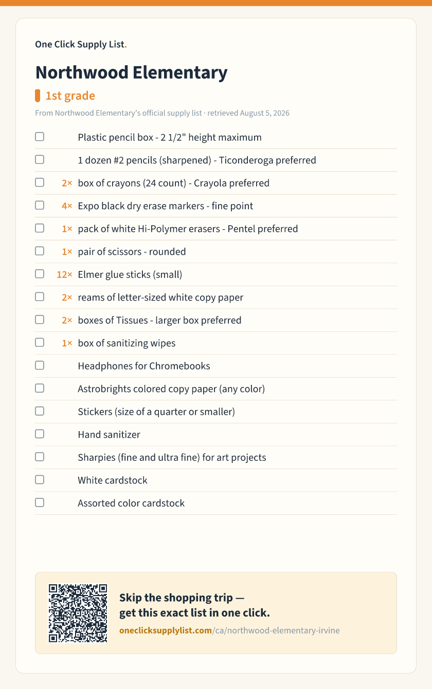 Northwood Elementary 1st grade supply list — printable image