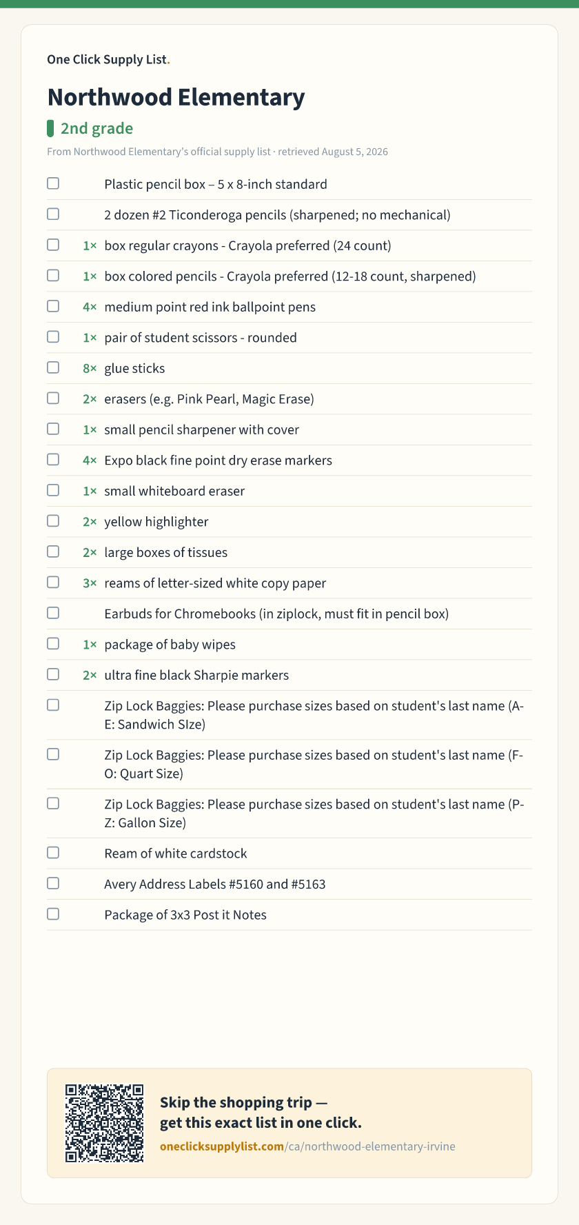 Northwood Elementary 2nd grade supply list — printable image