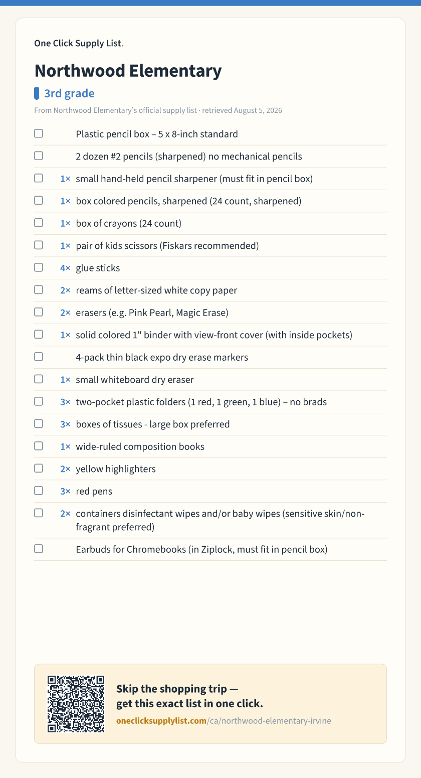 Northwood Elementary 3rd grade supply list — printable image