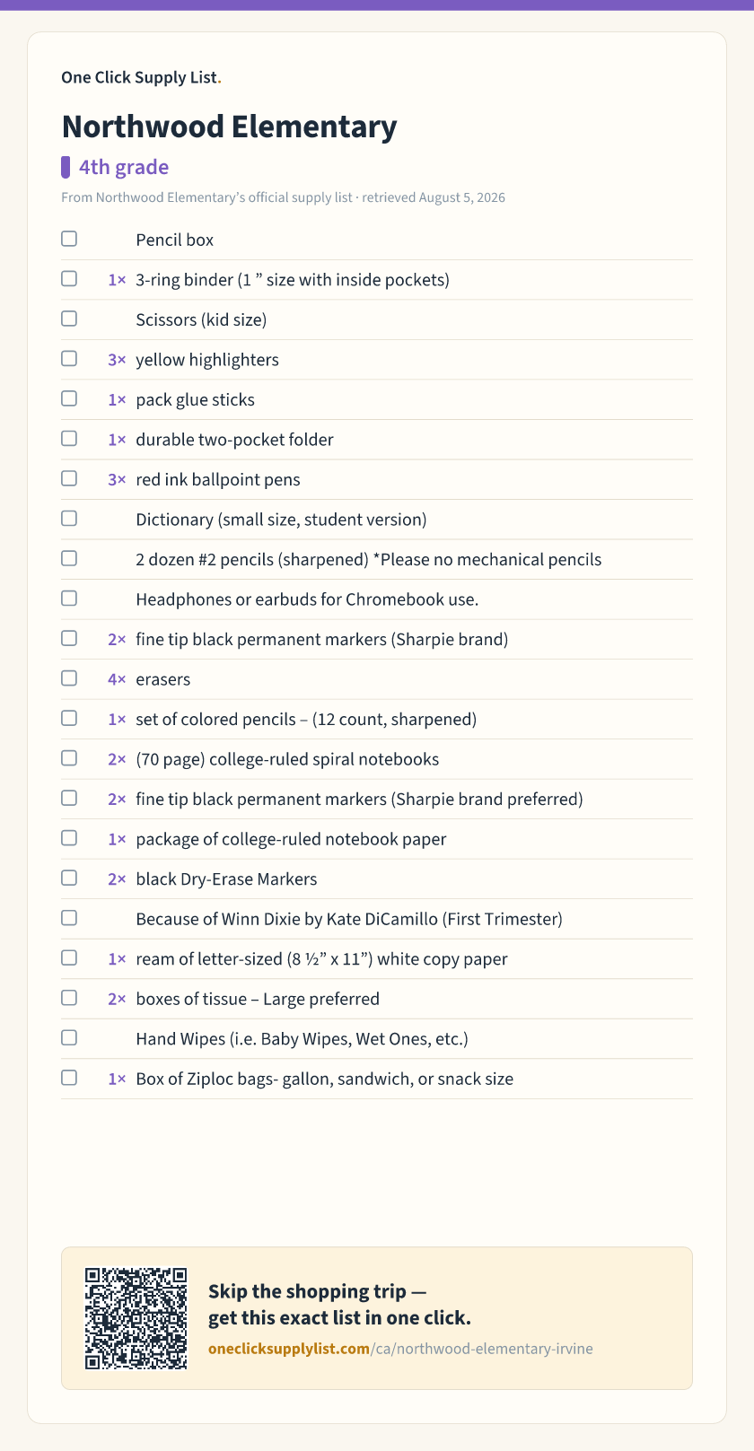 Northwood Elementary 4th grade supply list — printable image