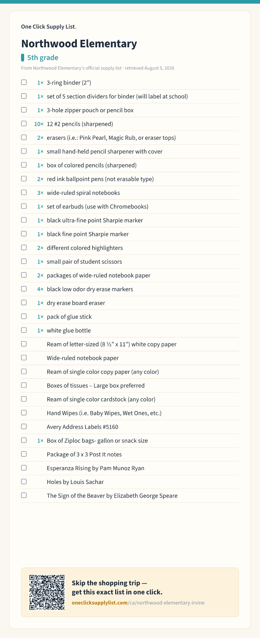 Northwood Elementary 5th grade supply list — printable image